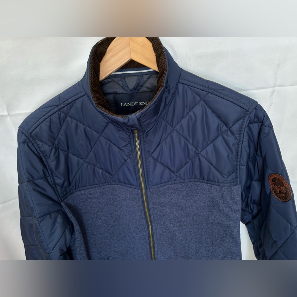 Lands’ End Men’s Jacket Quilted Navy Blue Small Brown Corduroy Collard - Picture 1 of 8